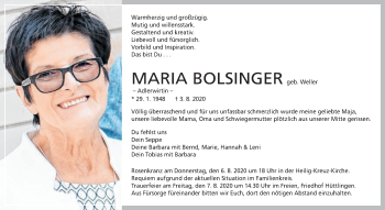 Traueranzeige von Maria Bolsinger von Schwäbische Post