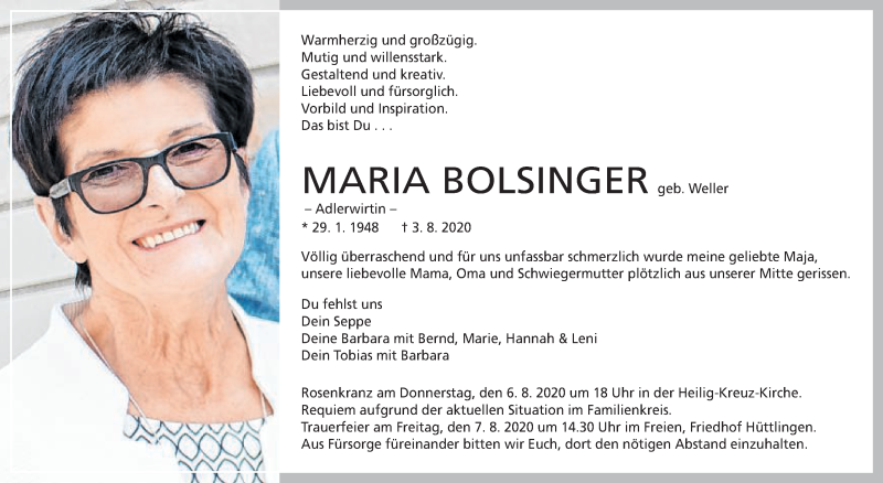  Traueranzeige für Maria Bolsinger vom 06.08.2020 aus Schwäbische Post