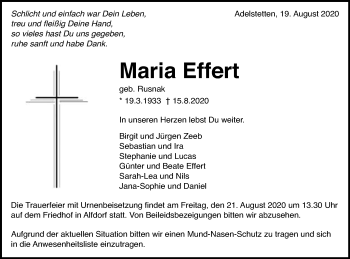 Traueranzeige von Maria Effert von Gmünder Tagespost