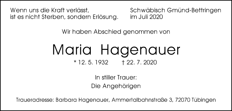  Traueranzeige für Maria Hagenauer vom 03.08.2020 aus Gmünder Tagespost