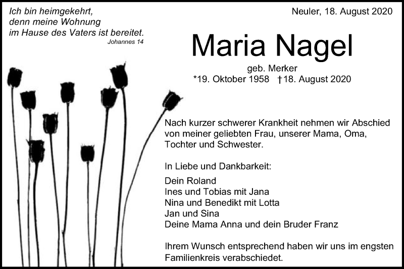  Traueranzeige für Maria Nagel vom 29.08.2020 aus Schwäbische Post