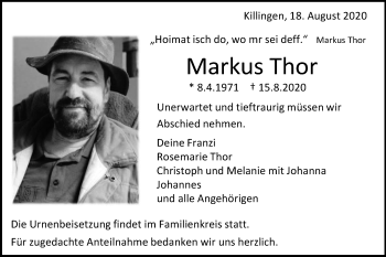 Traueranzeige von Markus Thor von Schwäbische Post