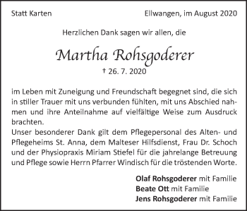 Traueranzeige von Martha Rohsgoderer von Schwäbische Post