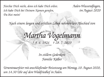 Traueranzeige von Martha Vogelmann von Schwäbische Post