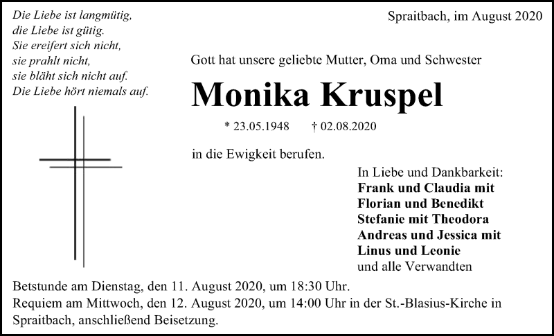  Traueranzeige für Monika Kruspel vom 07.08.2020 aus Gmünder Tagespost