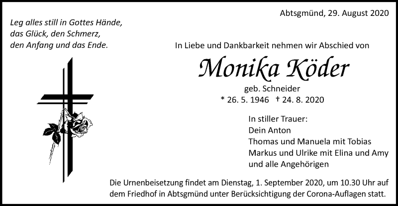  Traueranzeige für Monika Köder vom 29.08.2020 aus Schwäbische Post