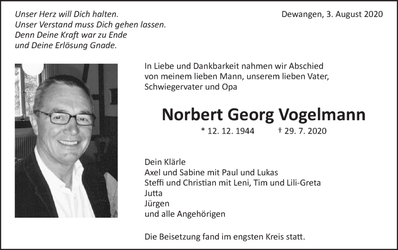  Traueranzeige für Norbert Georg Vogelmann vom 05.08.2020 aus Schwäbische Post