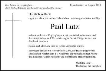 Traueranzeige von Paul Lutz von Schwäbische Post