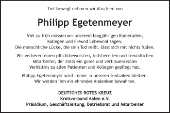 Traueranzeige von Philipp Egetenmeyer von Schwäbische Post