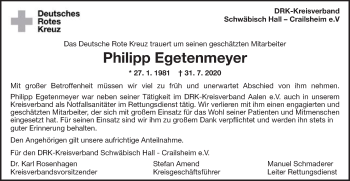 Traueranzeige von Philipp Egetenmeyer von Schwäbische Post