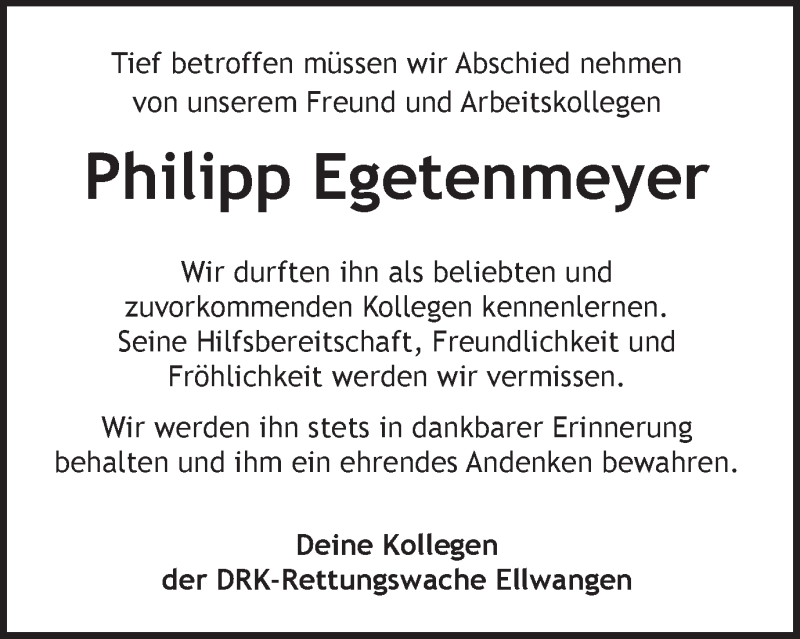  Traueranzeige für Philipp Egetenmeyer vom 04.08.2020 aus Schwäbische Post