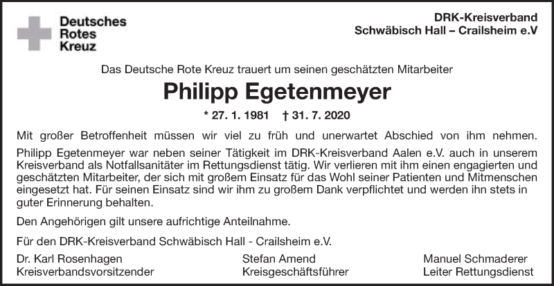  Traueranzeige für Philipp Egetenmeyer vom 05.08.2020 aus Schwäbische Post