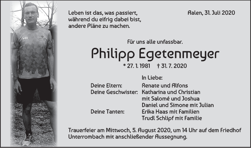  Traueranzeige für Philipp Egetenmeyer vom 03.08.2020 aus Schwäbische Post