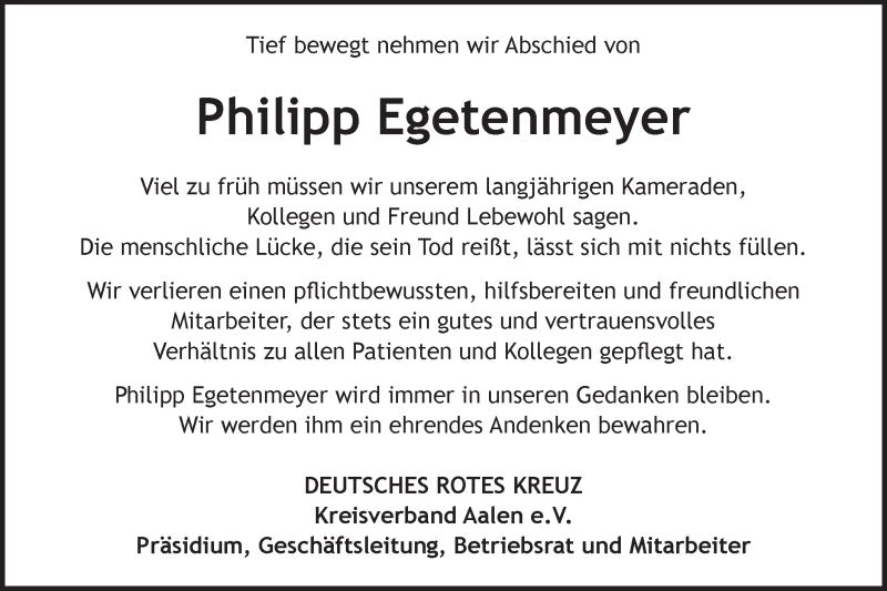  Traueranzeige für Philipp Egetenmeyer vom 04.08.2020 aus Schwäbische Post