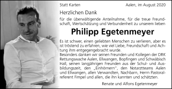Traueranzeige von Philipp Egetenmeyer von Schwäbische Post