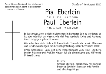 Traueranzeige von Pia und Paul Eberlein von Gmünder Tagespost