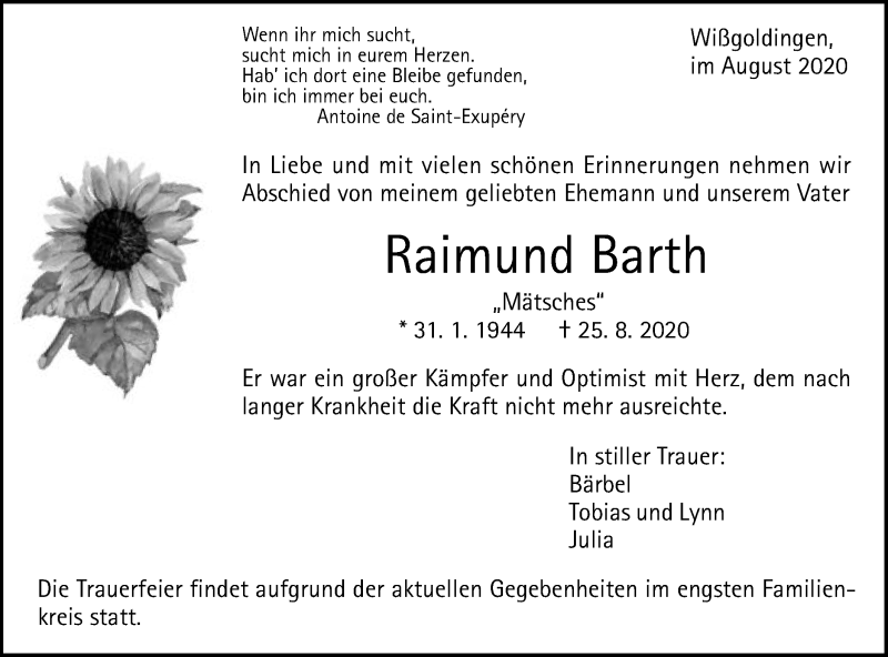  Traueranzeige für Raimund Barth vom 29.08.2020 aus Gmünder Tagespost