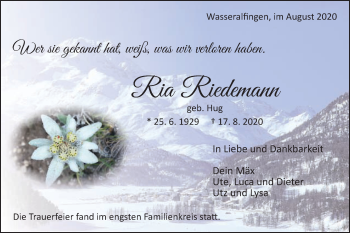 Traueranzeige von Ria Riedemann von Schwäbische Post