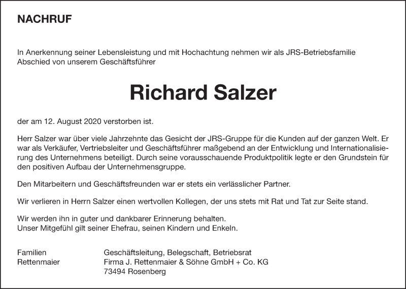  Traueranzeige für Richard Salzer vom 15.08.2020 aus Schwäbische Post