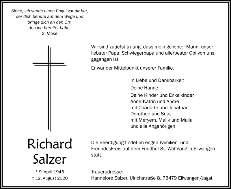  Traueranzeige für Richard Salzer vom 15.08.2020 aus Schwäbische Post