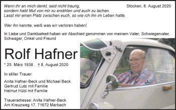 Traueranzeige von Rolf Hafner von Schwäbische Post