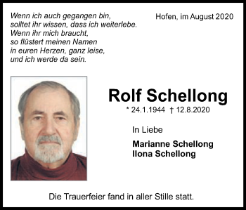 Traueranzeige von Rolf Schellong von Schwäbische Post
