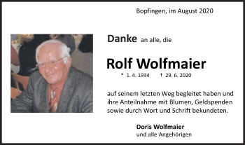 Traueranzeige von Rolf Wolfmaier von Schwäbische Post