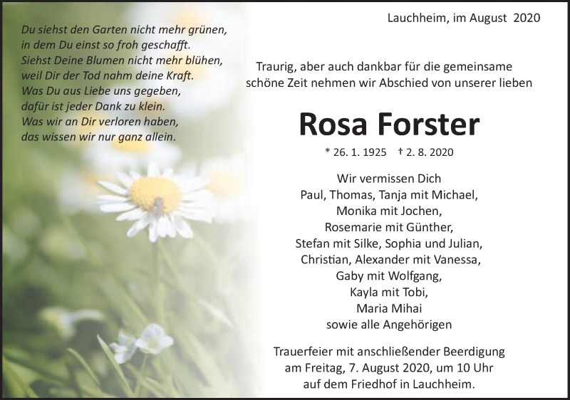  Traueranzeige für Rosa Forster vom 05.08.2020 aus Schwäbische Post