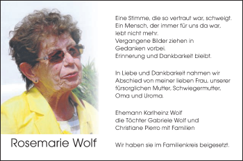 Traueranzeige von Rosemarie Wolf von Schwäbische Post