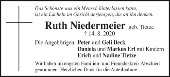Traueranzeige von Ruth Niedermeier von Gmünder Tagespost