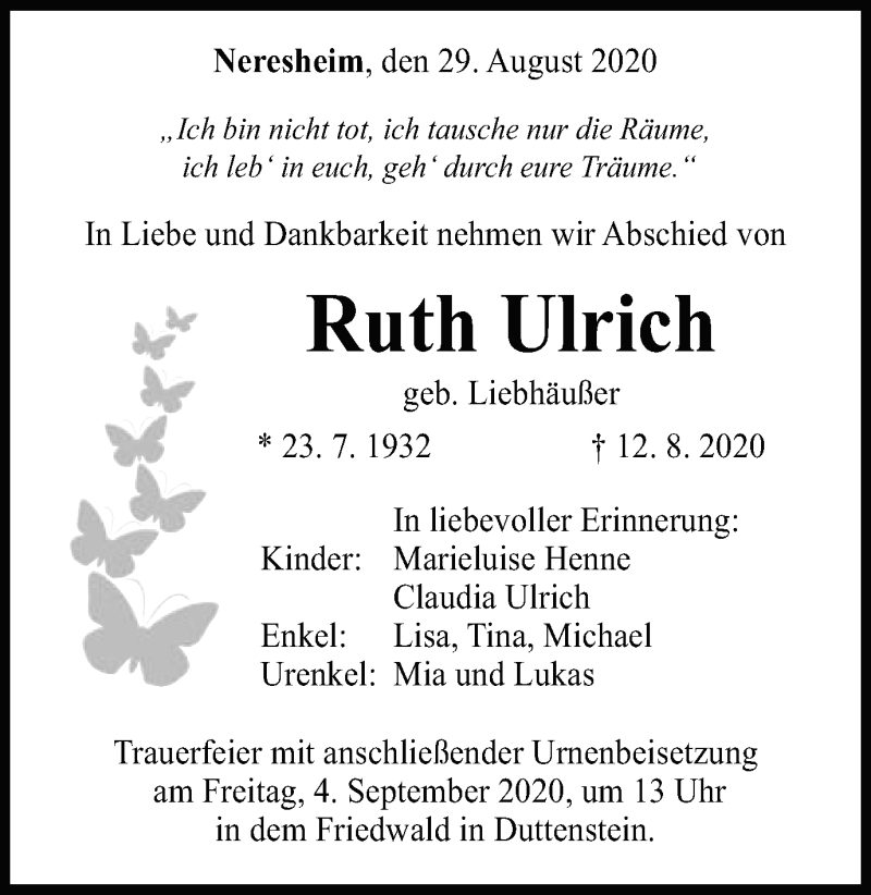  Traueranzeige für Ruth Ulrich vom 29.08.2020 aus Schwäbische Post