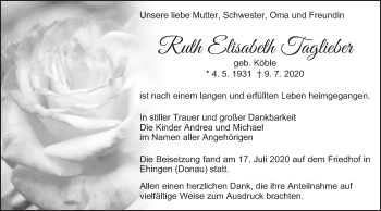 Traueranzeige von Ruth Elisabeth Taglieber von Schwäbische Post