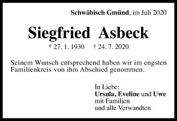 Traueranzeige von Siegfried Asbeck von Gmünder Tagespost