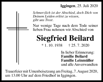 Traueranzeige von Siegfried Beilard von Gmünder Tagespost