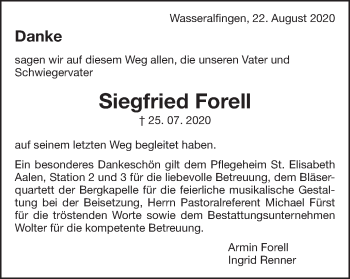 Traueranzeige von Siegfried Forell von Schwäbische Post