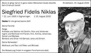 Traueranzeige von Siegfried Fidelis Niklas von Schwäbische Post