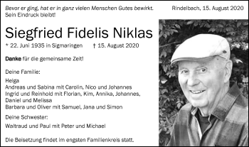 Traueranzeige von Siegfried Fidelis Niklas