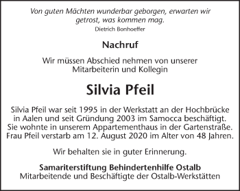 Traueranzeige von Silvia Pfeil von Schwäbische Post