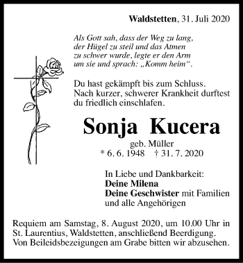 Traueranzeige von Sonja Kucera von Gmünder Tagespost