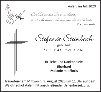 Traueranzeige von Stefanie Steinbach von Schwäbische Post