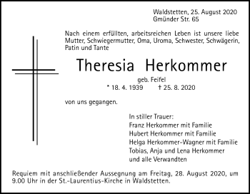 Traueranzeige von Theresia Herkommer von Gmünder Tagespost