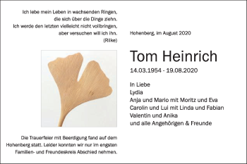 Traueranzeige von Tom Heinrich von Schwäbische Post