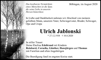 Traueranzeige von Ulrich Jablonski von Gmünder Tagespost