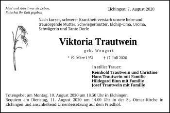 Traueranzeige von Viktoria Trautwein von Schwäbische Post