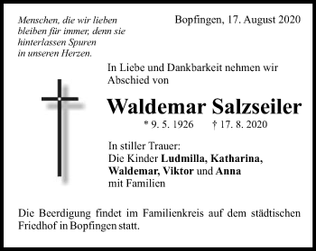 Traueranzeige von Waldemar Salzseiler von Schwäbische Post