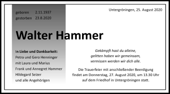 Traueranzeige von Walter Hammer von Gmünder Tagespost