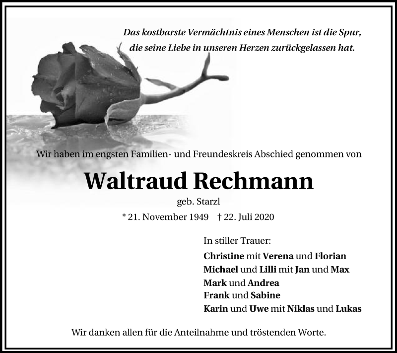  Traueranzeige für Waltraud Rechmann vom 07.08.2020 aus Gmünder Tagespost