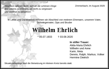 Traueranzeige von Wilhelm Ehrlich von Gmünder Tagespost