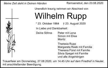 Traueranzeige von Wilhelm Rupp von Schwäbische Post