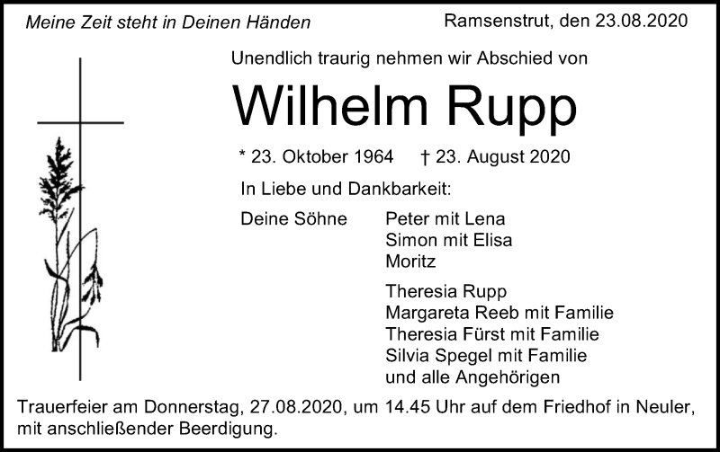  Traueranzeige für Wilhelm Rupp vom 26.08.2020 aus Schwäbische Post